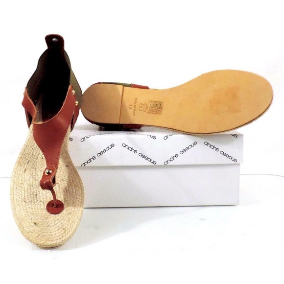 Andre Assous Tresor T- Strap Flat Thong Sandals Leather Green / Cognac Size 10 - Picture 9 of 9
